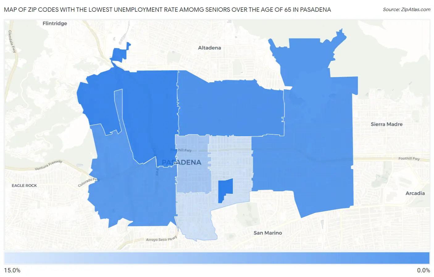 Zip Codes with the Lowest Unemployment Rate Amomg Seniors Over the Age of 65 in Pasadena Map