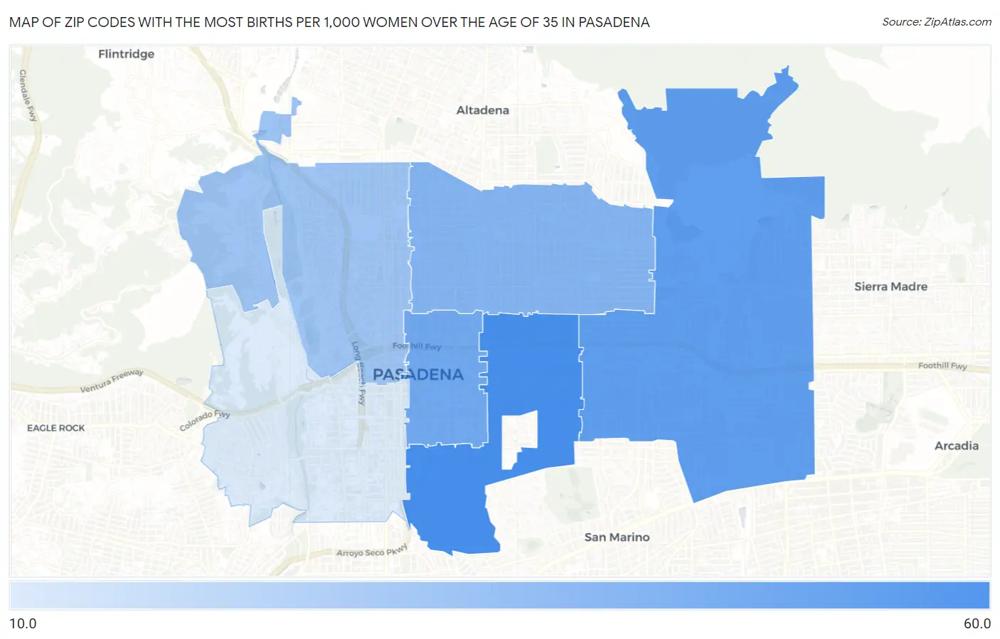 Zip Codes with the Most Births per 1,000 Women Over the Age of 35 in Pasadena Map