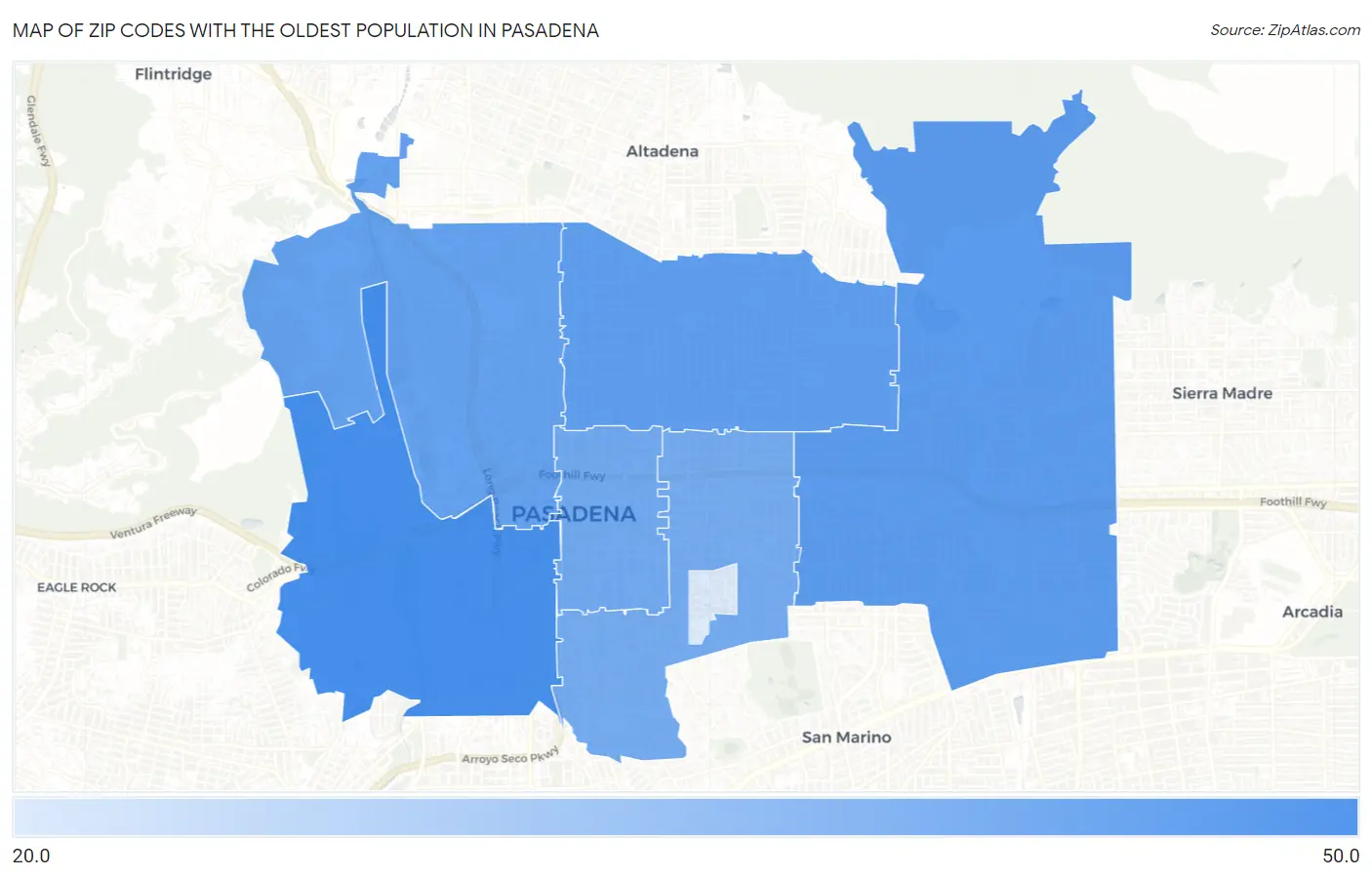 Zip Codes with the Oldest Population in Pasadena Map