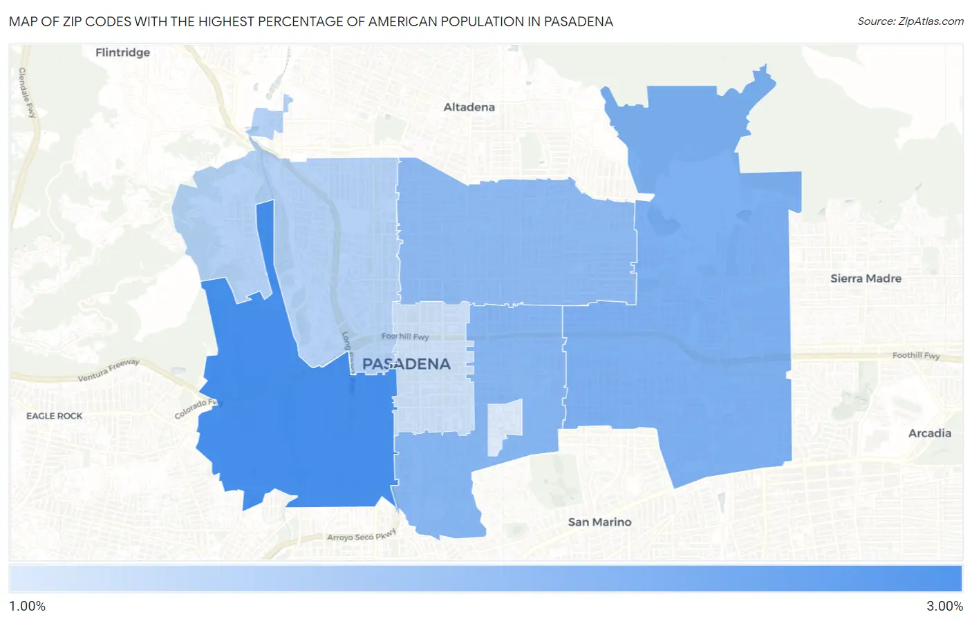 Zip Codes with the Highest Percentage of American Population in Pasadena Map