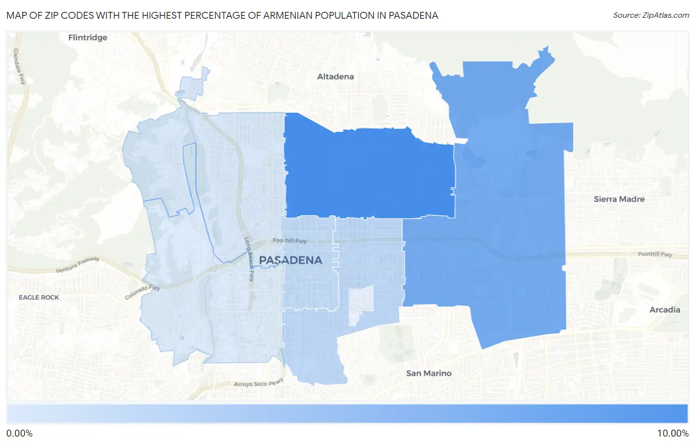 Zip Codes with the Highest Percentage of Armenian Population in Pasadena Map
