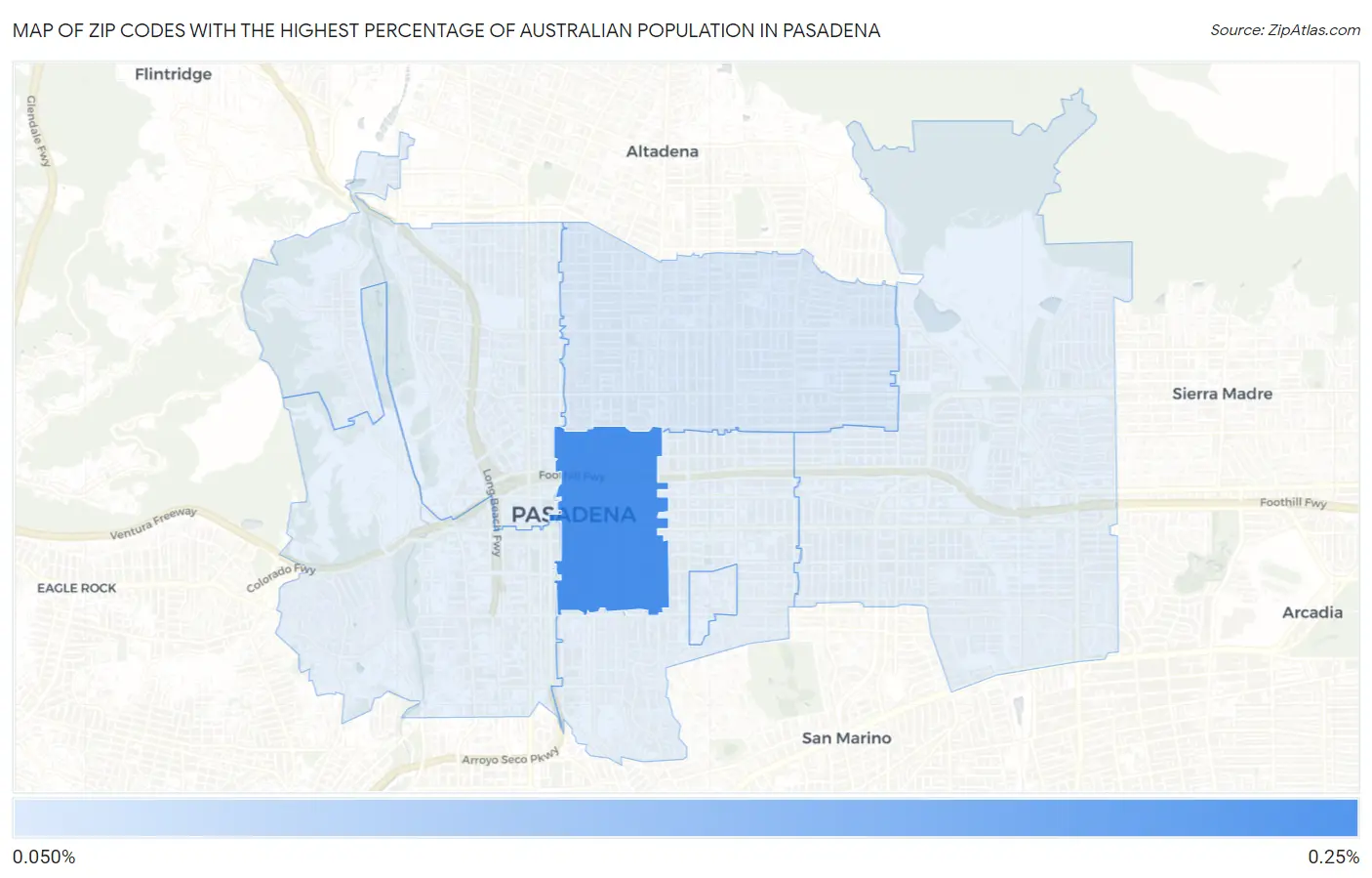 Zip Codes with the Highest Percentage of Australian Population in Pasadena Map