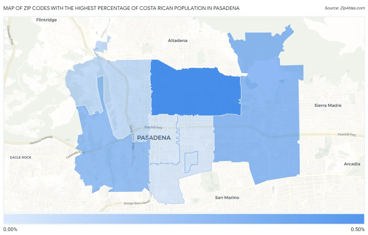 Zip Codes with the Highest Percentage of Costa Rican Population in Pasadena Map