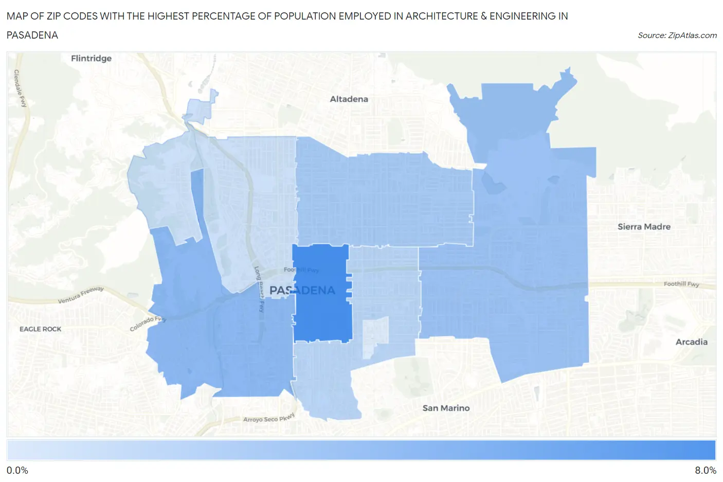 Zip Codes with the Highest Percentage of Population Employed in Architecture & Engineering in Pasadena Map