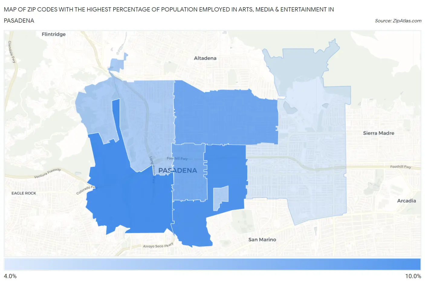 Zip Codes with the Highest Percentage of Population Employed in Arts, Media & Entertainment in Pasadena Map