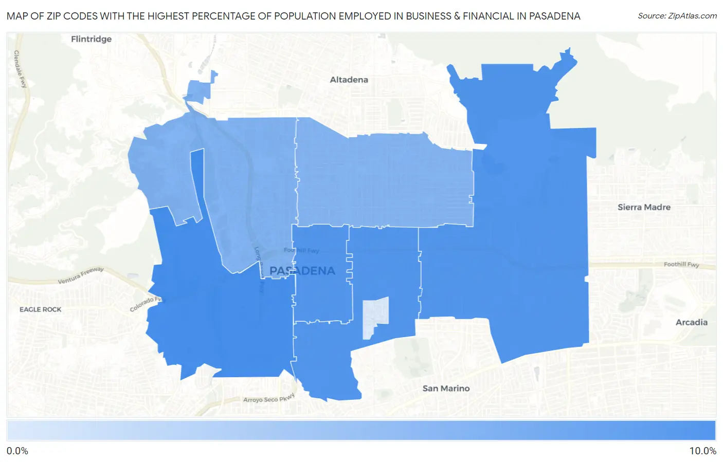 Zip Codes with the Highest Percentage of Population Employed in Business & Financial in Pasadena Map