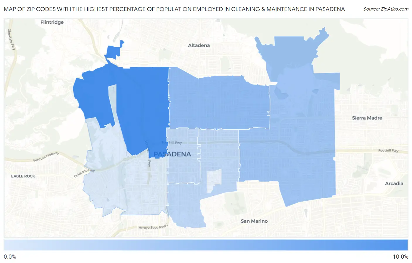 Zip Codes with the Highest Percentage of Population Employed in Cleaning & Maintenance in Pasadena Map