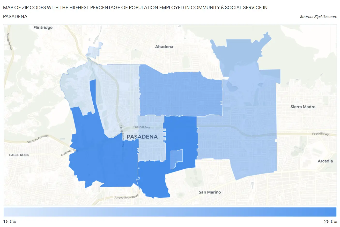 Zip Codes with the Highest Percentage of Population Employed in Community & Social Service  in Pasadena Map