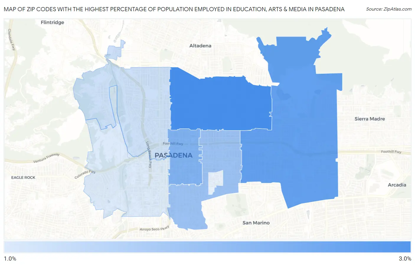 Zip Codes with the Highest Percentage of Population Employed in Education, Arts & Media in Pasadena Map
