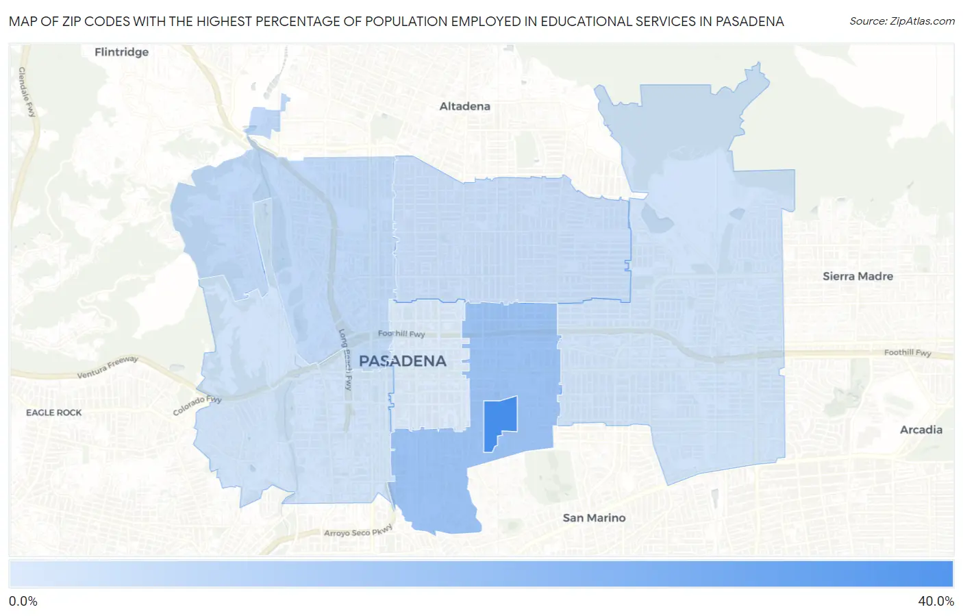 Zip Codes with the Highest Percentage of Population Employed in Educational Services in Pasadena Map