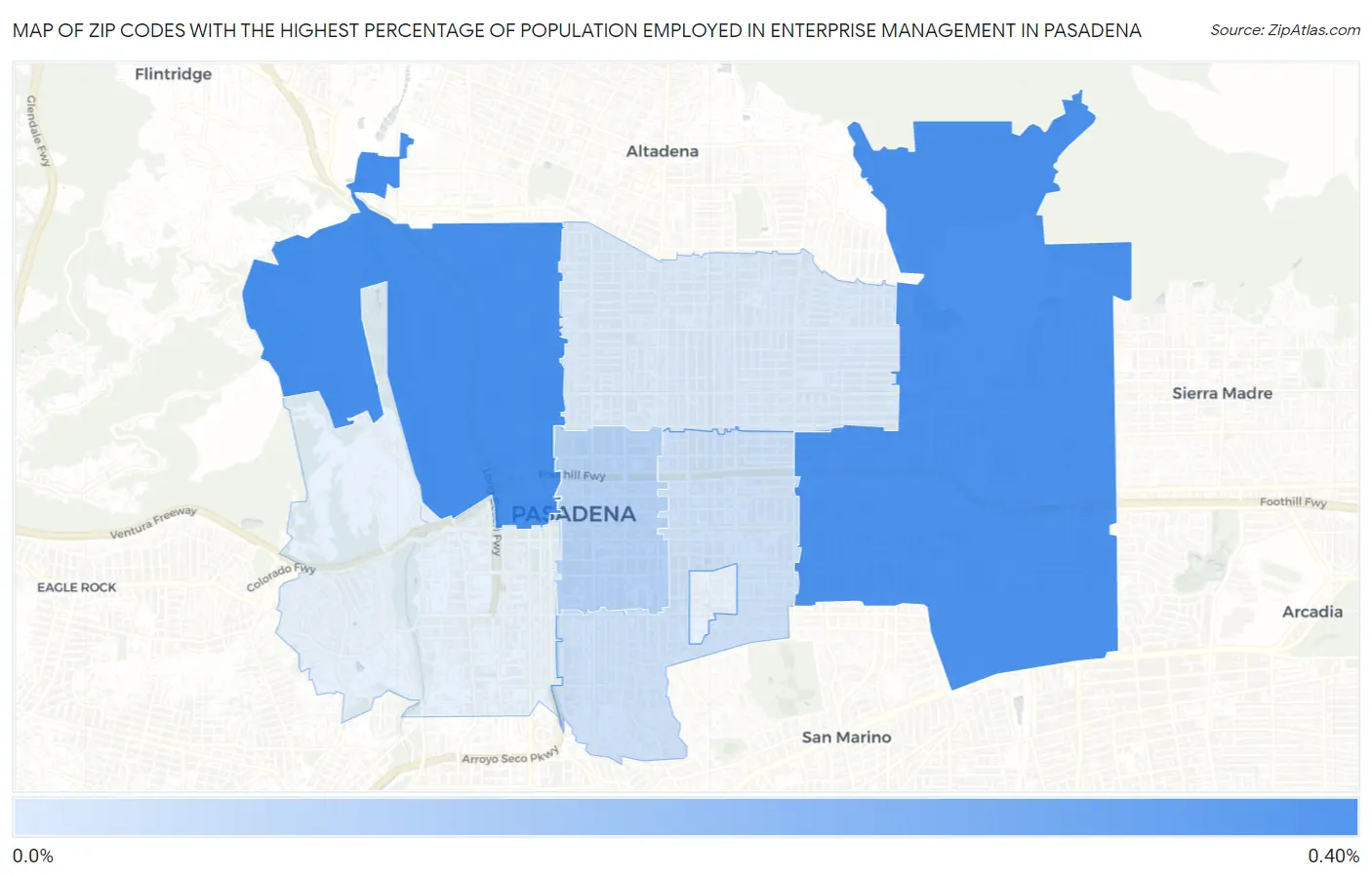 Zip Codes with the Highest Percentage of Population Employed in Enterprise Management in Pasadena Map