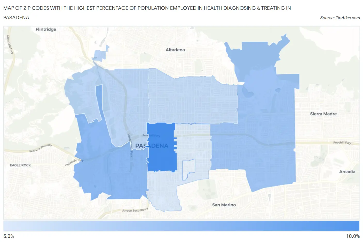 Zip Codes with the Highest Percentage of Population Employed in Health Diagnosing & Treating in Pasadena Map