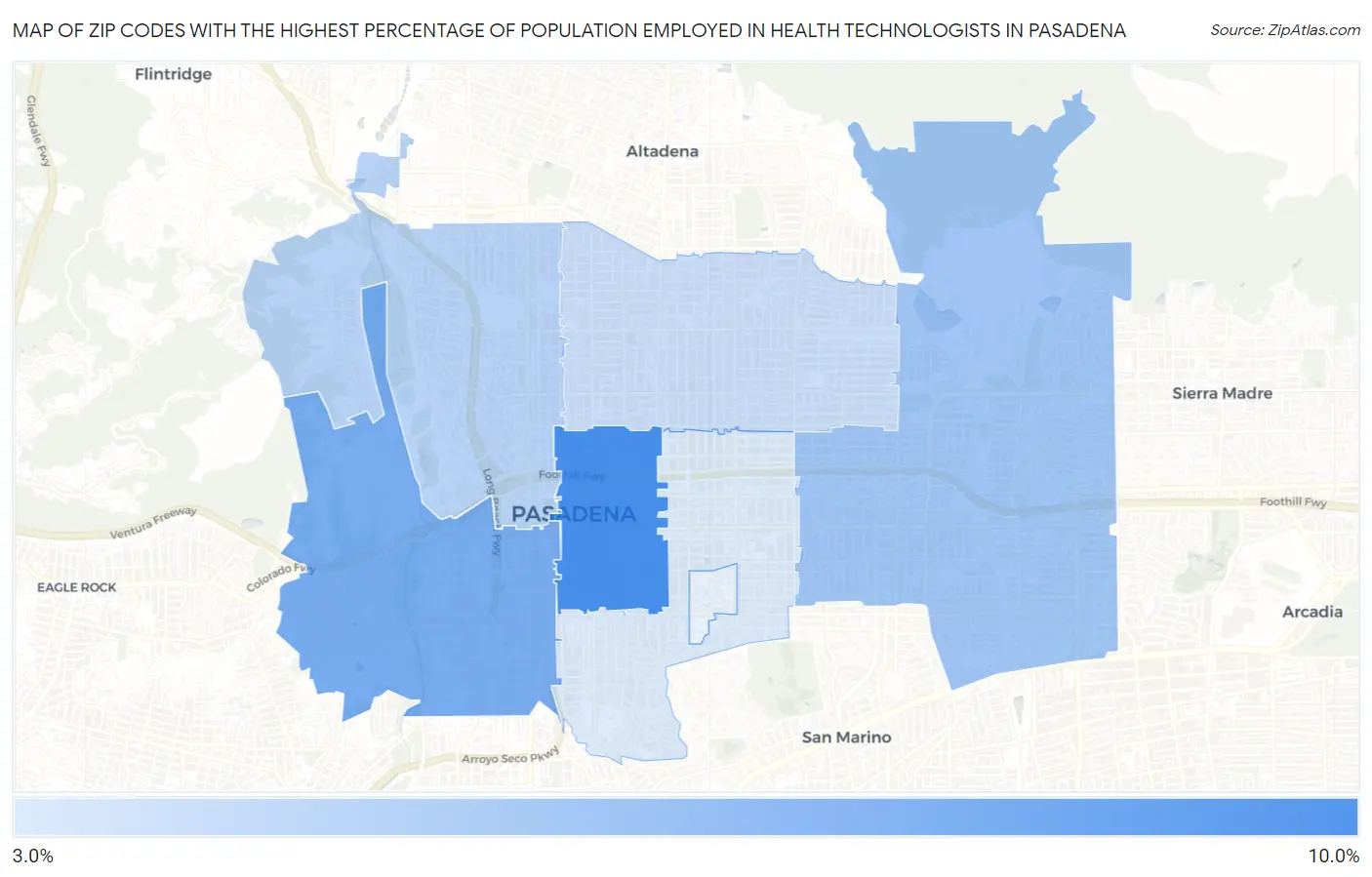 Zip Codes with the Highest Percentage of Population Employed in Health Technologists in Pasadena Map