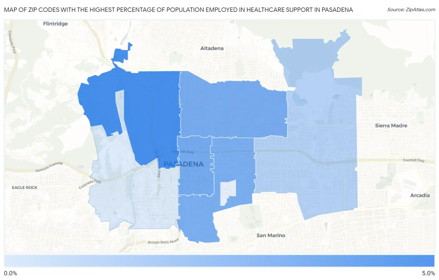 Zip Codes with the Highest Percentage of Population Employed in Healthcare Support in Pasadena Map