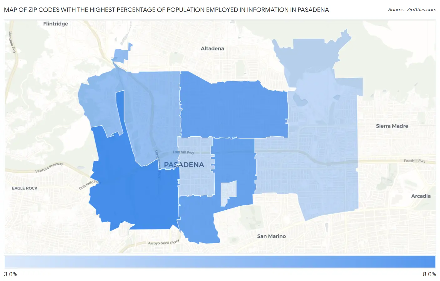 Zip Codes with the Highest Percentage of Population Employed in Information in Pasadena Map