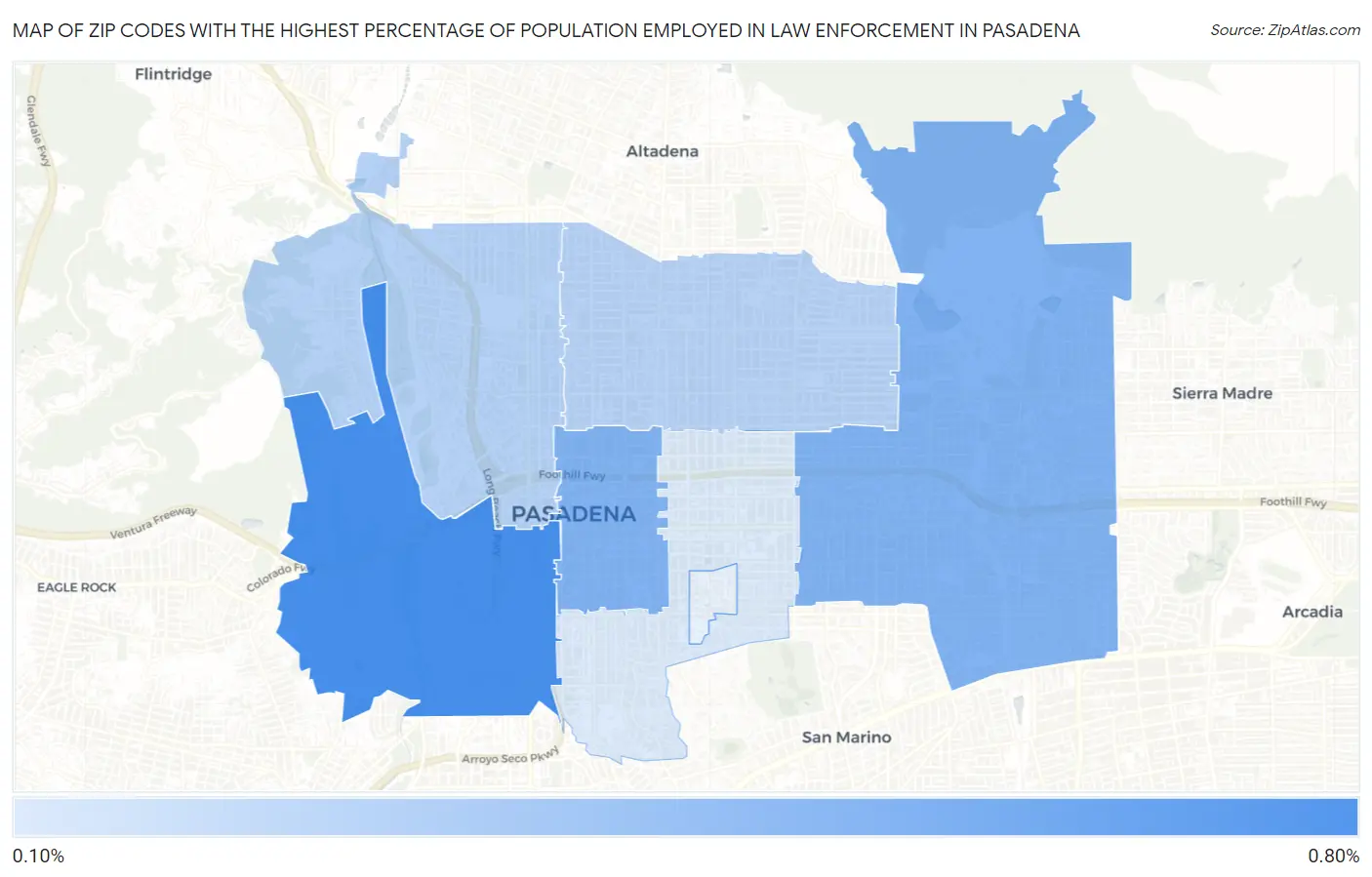 Zip Codes with the Highest Percentage of Population Employed in Law Enforcement in Pasadena Map