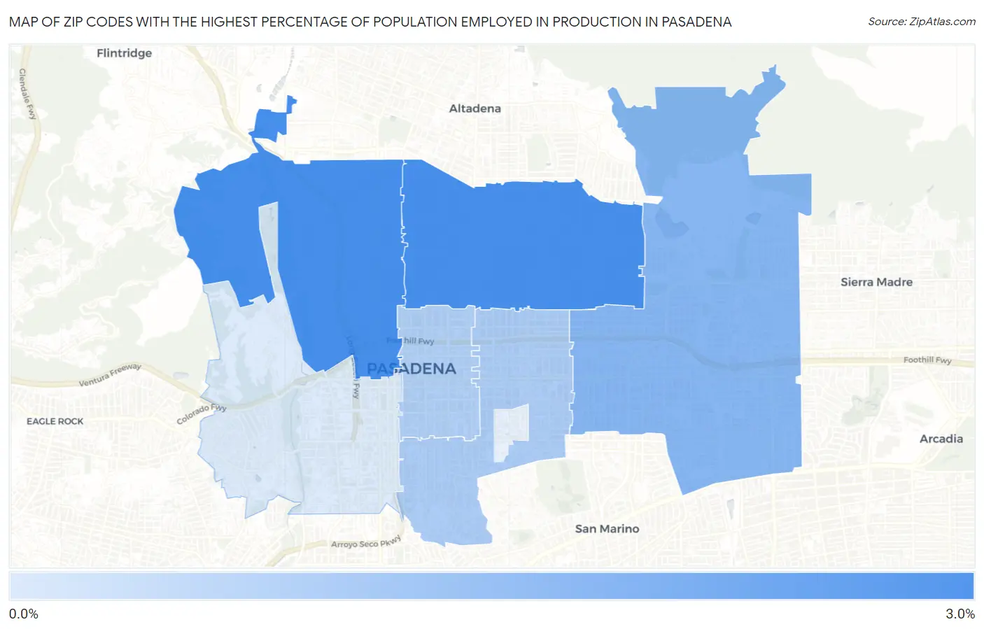 Zip Codes with the Highest Percentage of Population Employed in Production in Pasadena Map