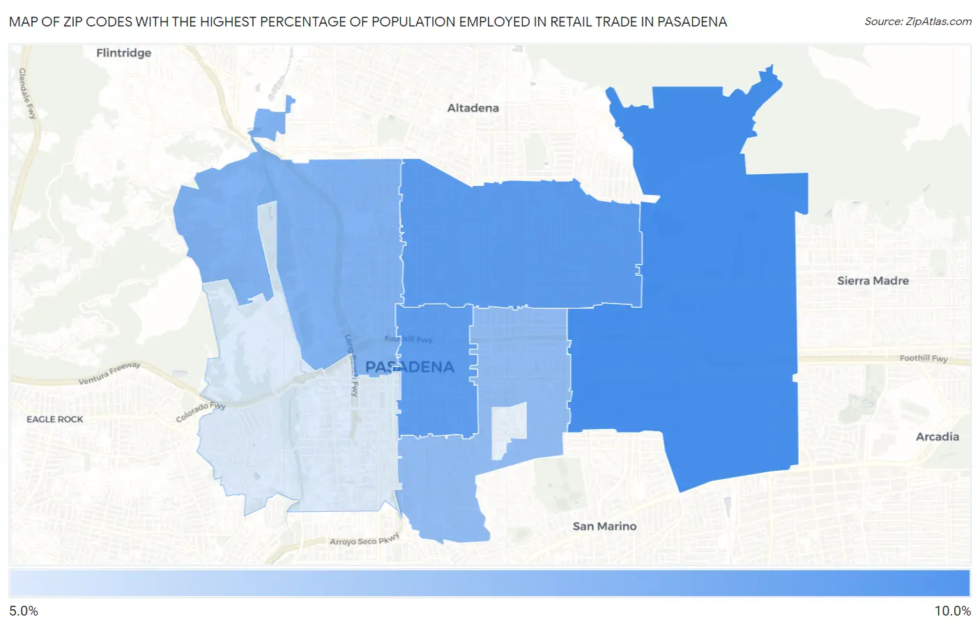 Zip Codes with the Highest Percentage of Population Employed in Retail Trade in Pasadena Map