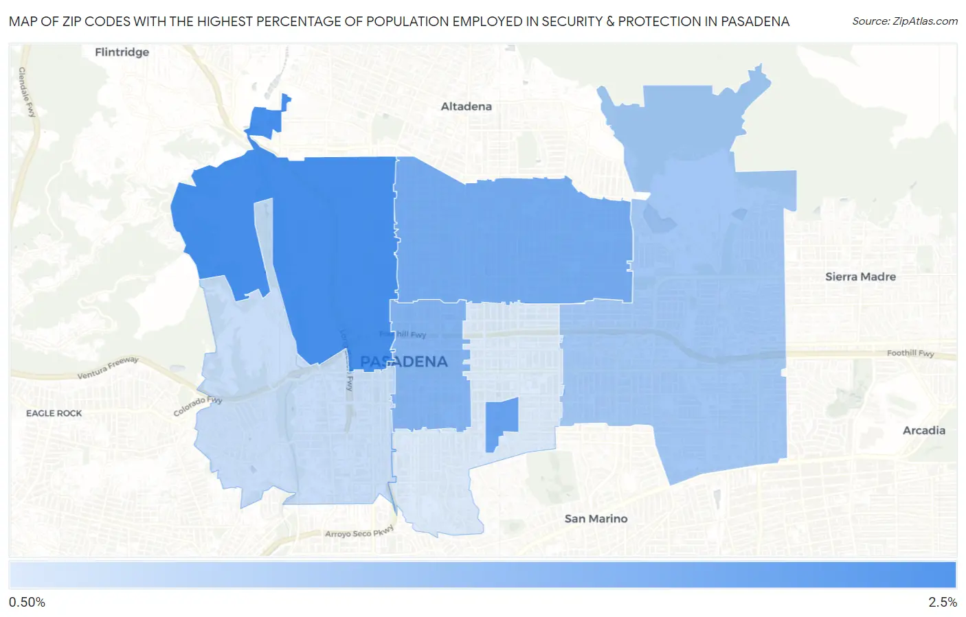 Zip Codes with the Highest Percentage of Population Employed in Security & Protection in Pasadena Map