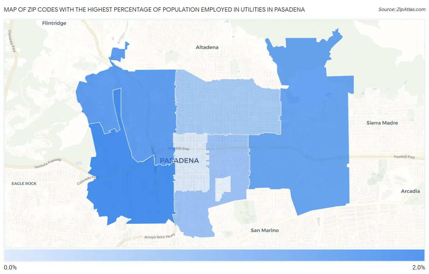 Zip Codes with the Highest Percentage of Population Employed in Utilities in Pasadena Map
