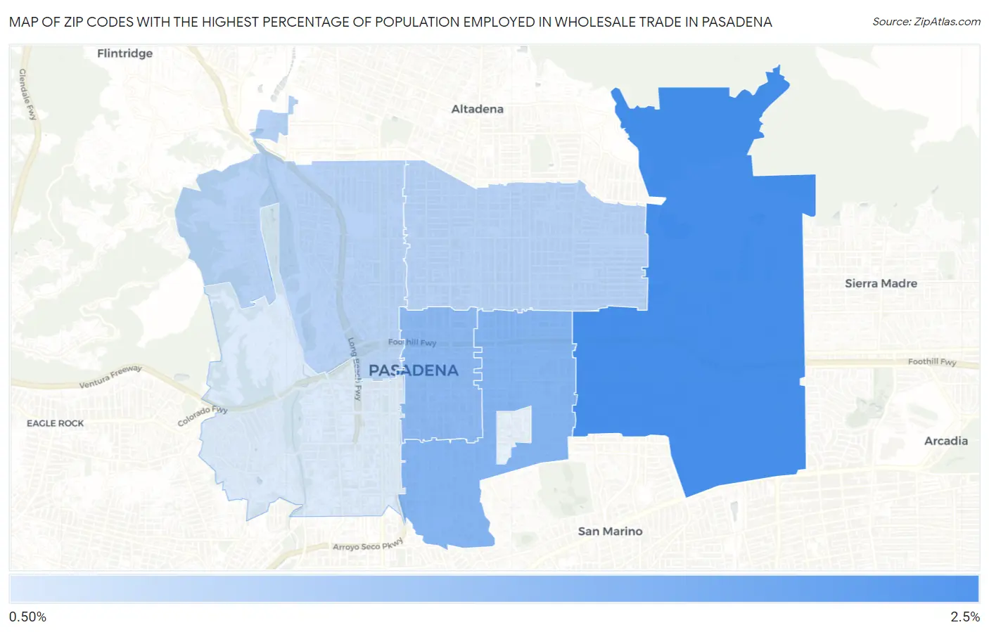 Zip Codes with the Highest Percentage of Population Employed in Wholesale Trade in Pasadena Map