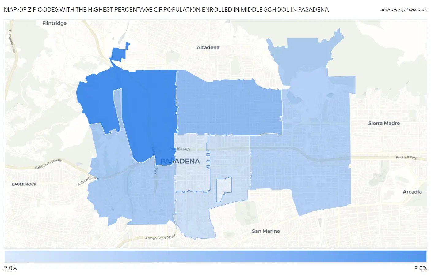 Zip Codes with the Highest Percentage of Population Enrolled in Middle School in Pasadena Map
