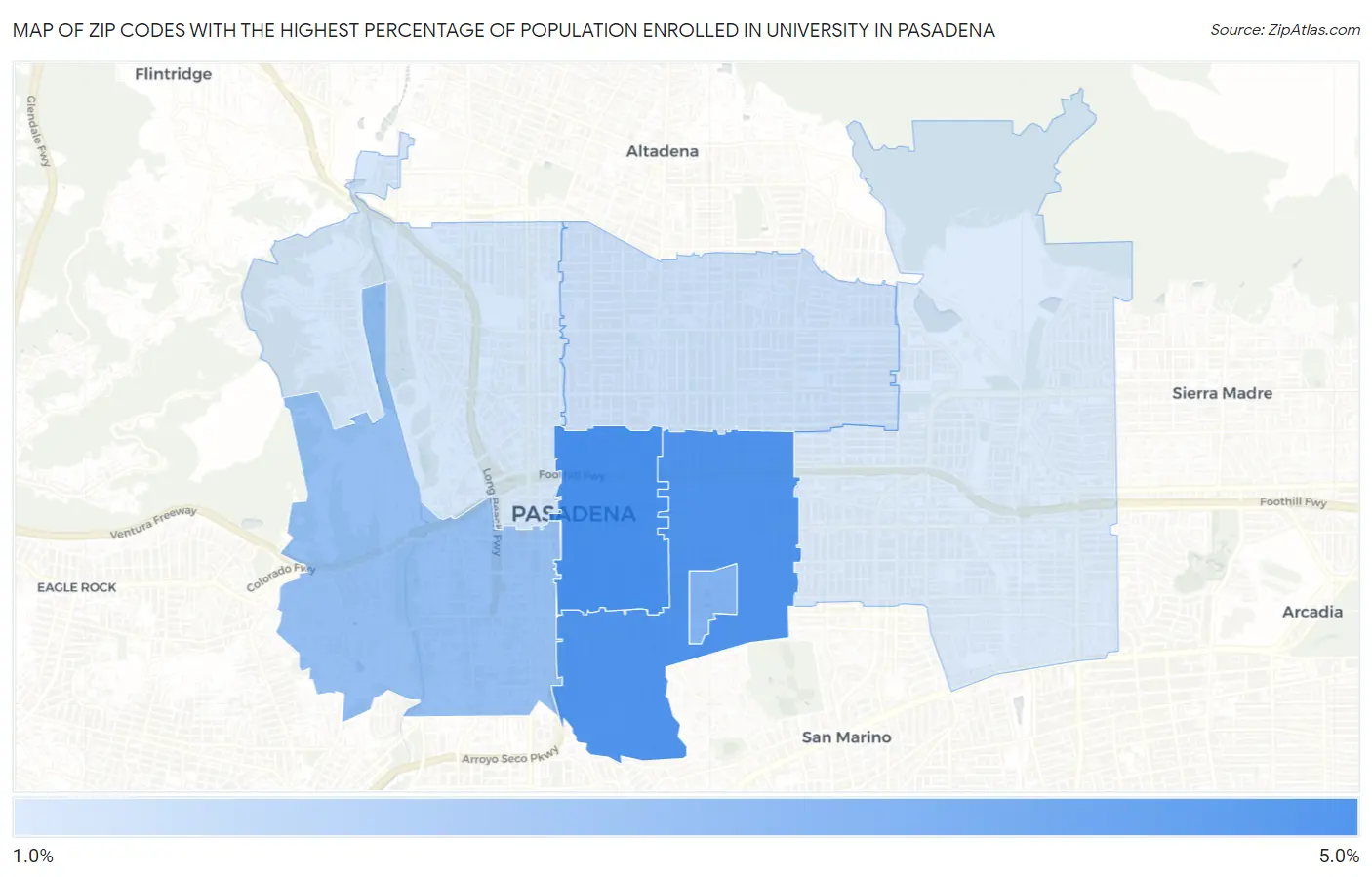 Zip Codes with the Highest Percentage of Population Enrolled in University in Pasadena Map