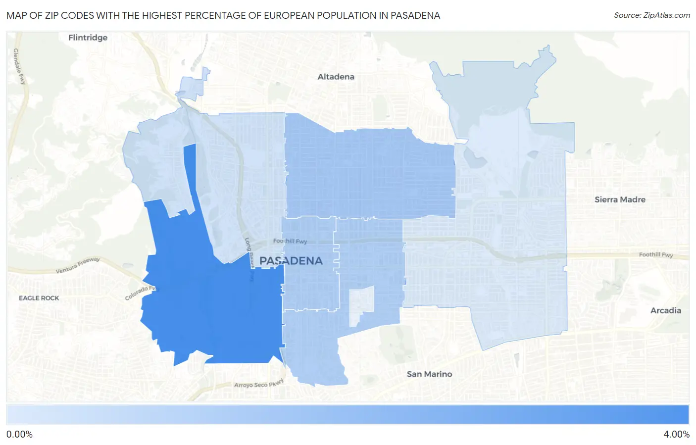 Zip Codes with the Highest Percentage of European Population in Pasadena Map