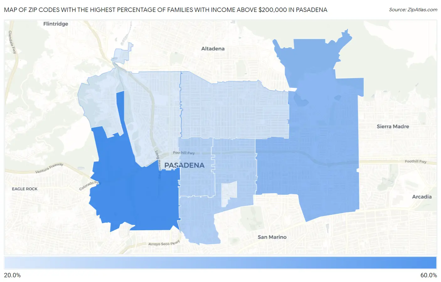 Zip Codes with the Highest Percentage of Families with Income Above $200,000 in Pasadena Map