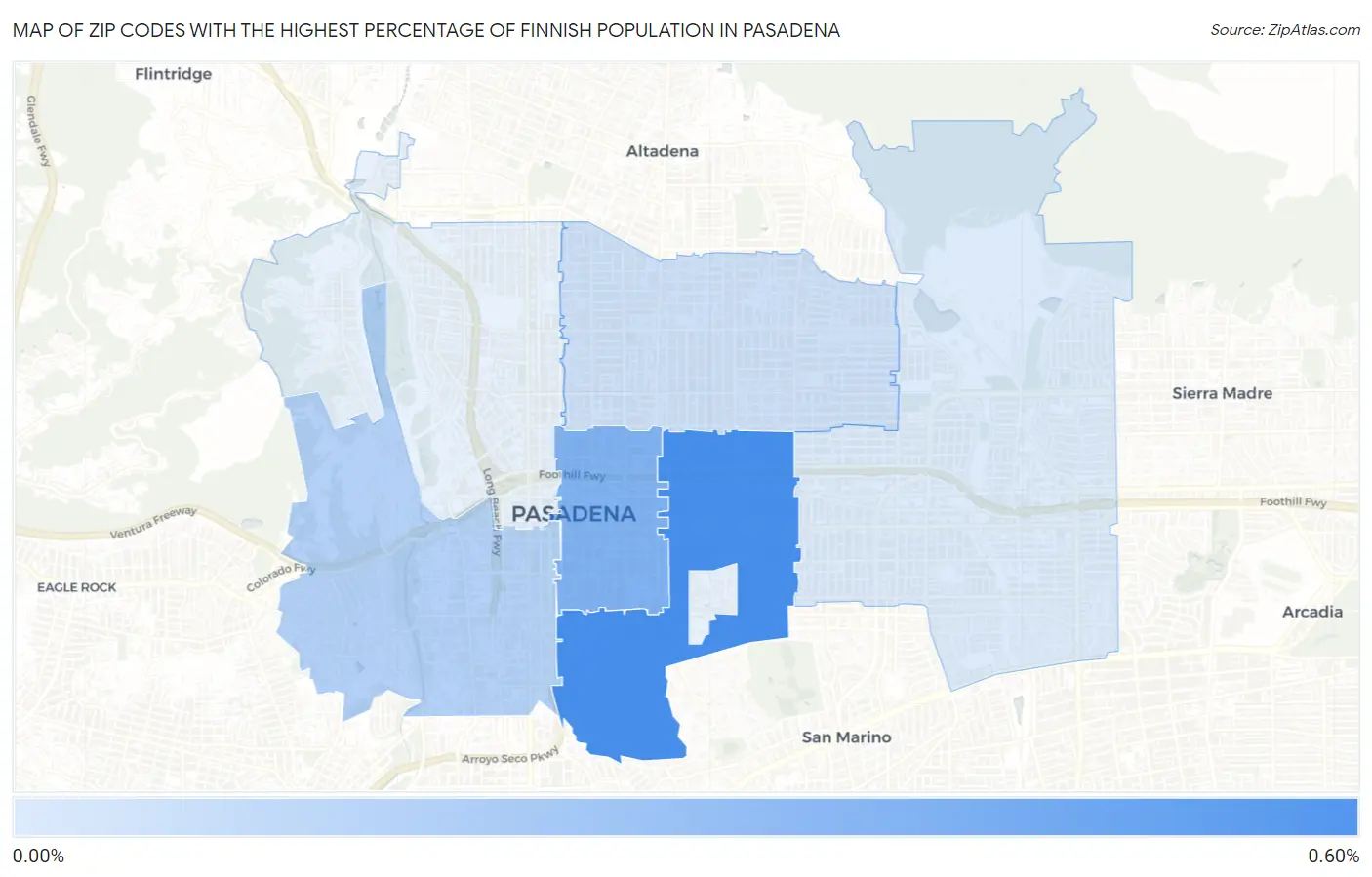 Zip Codes with the Highest Percentage of Finnish Population in Pasadena Map