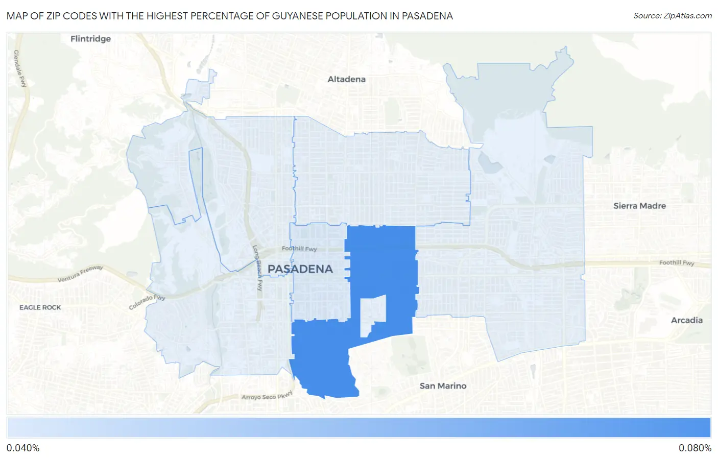 Zip Codes with the Highest Percentage of Guyanese Population in Pasadena Map