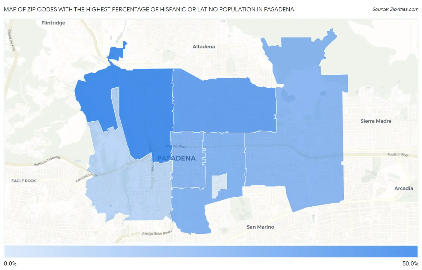 Zip Codes with the Highest Percentage of Hispanic or Latino Population in Pasadena Map