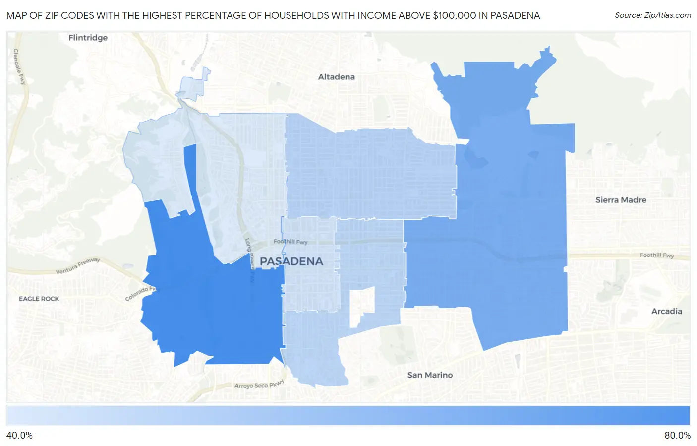 Zip Codes with the Highest Percentage of Households with Income Above $100,000 in Pasadena Map