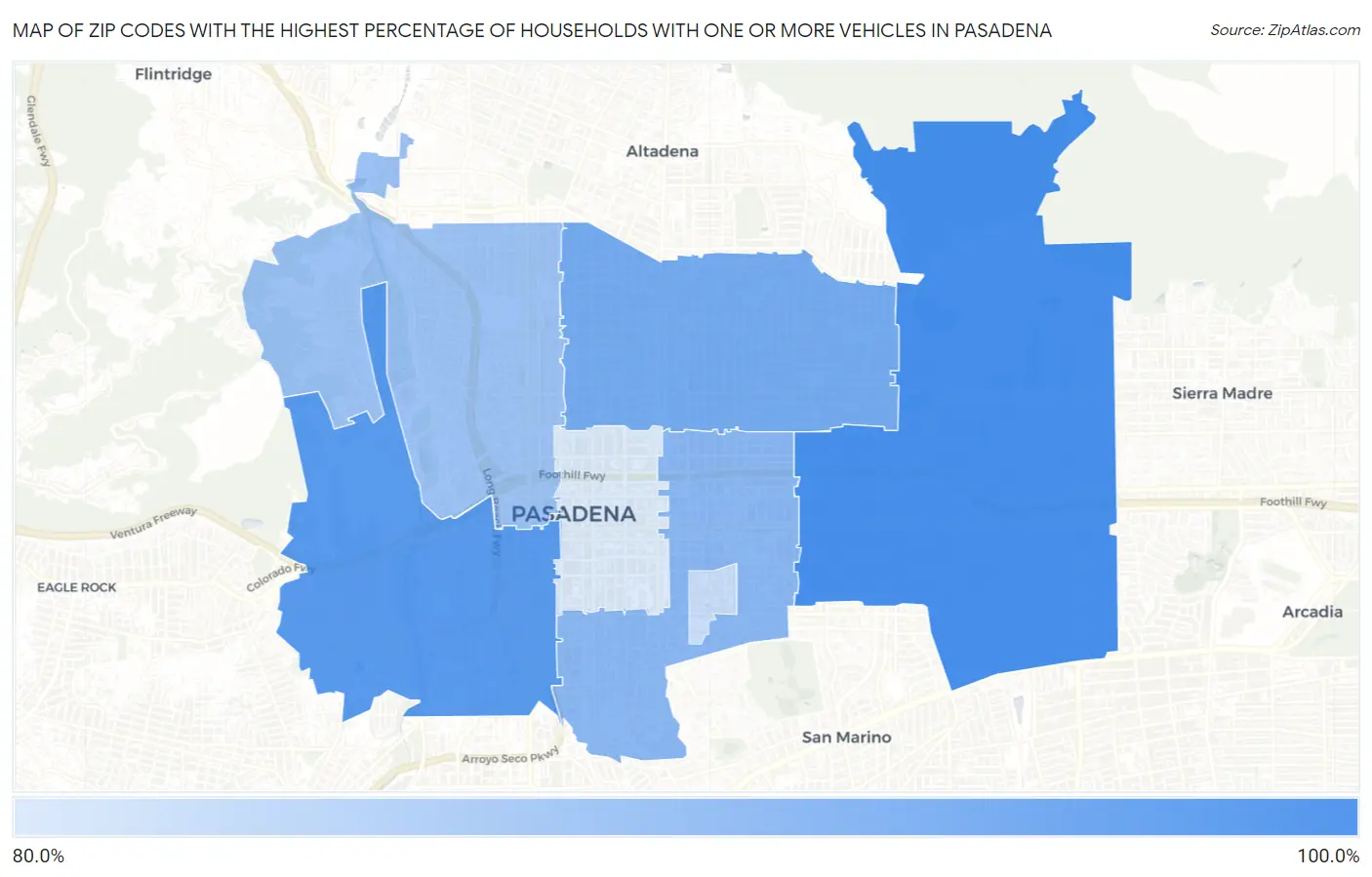 Zip Codes with the Highest Percentage of Households With One or more Vehicles in Pasadena Map