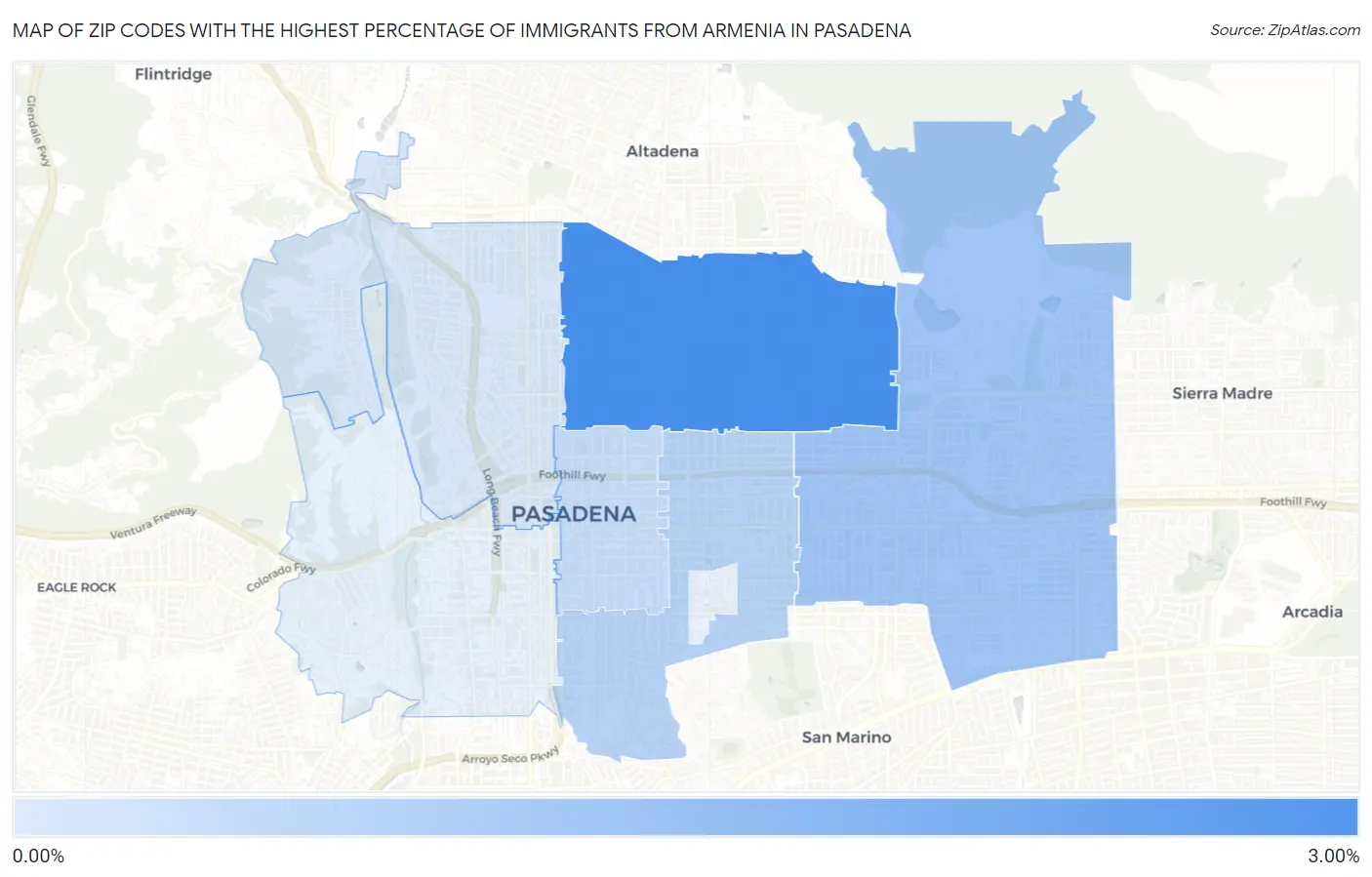 Zip Codes with the Highest Percentage of Immigrants from Armenia in Pasadena Map