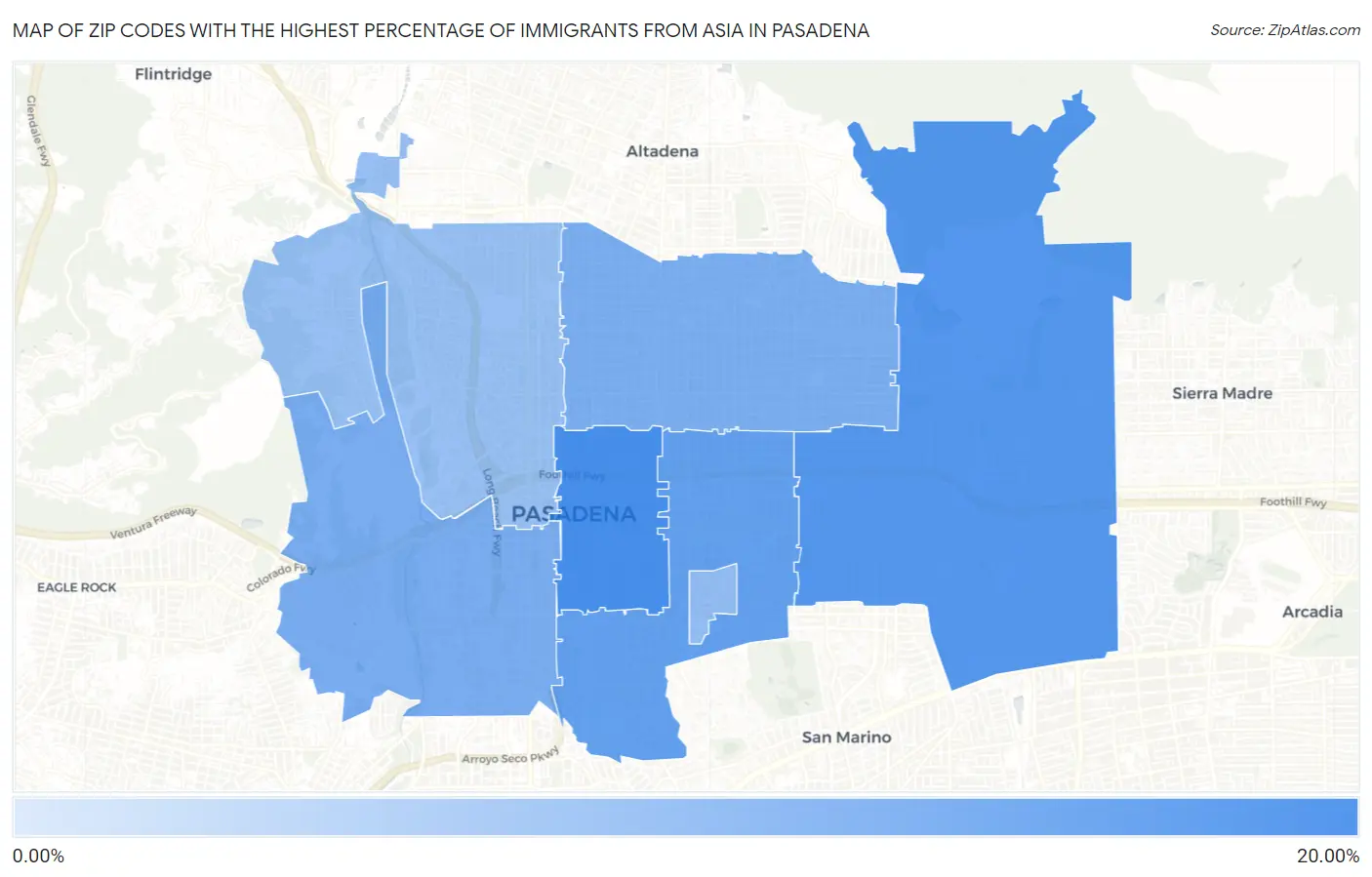 Zip Codes with the Highest Percentage of Immigrants from Asia in Pasadena Map