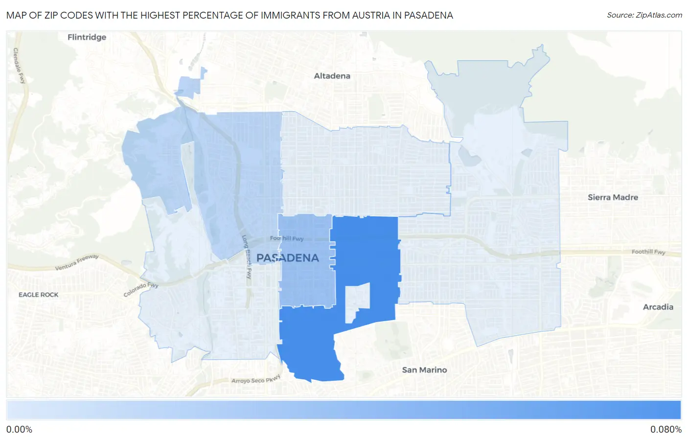 Zip Codes with the Highest Percentage of Immigrants from Austria in Pasadena Map