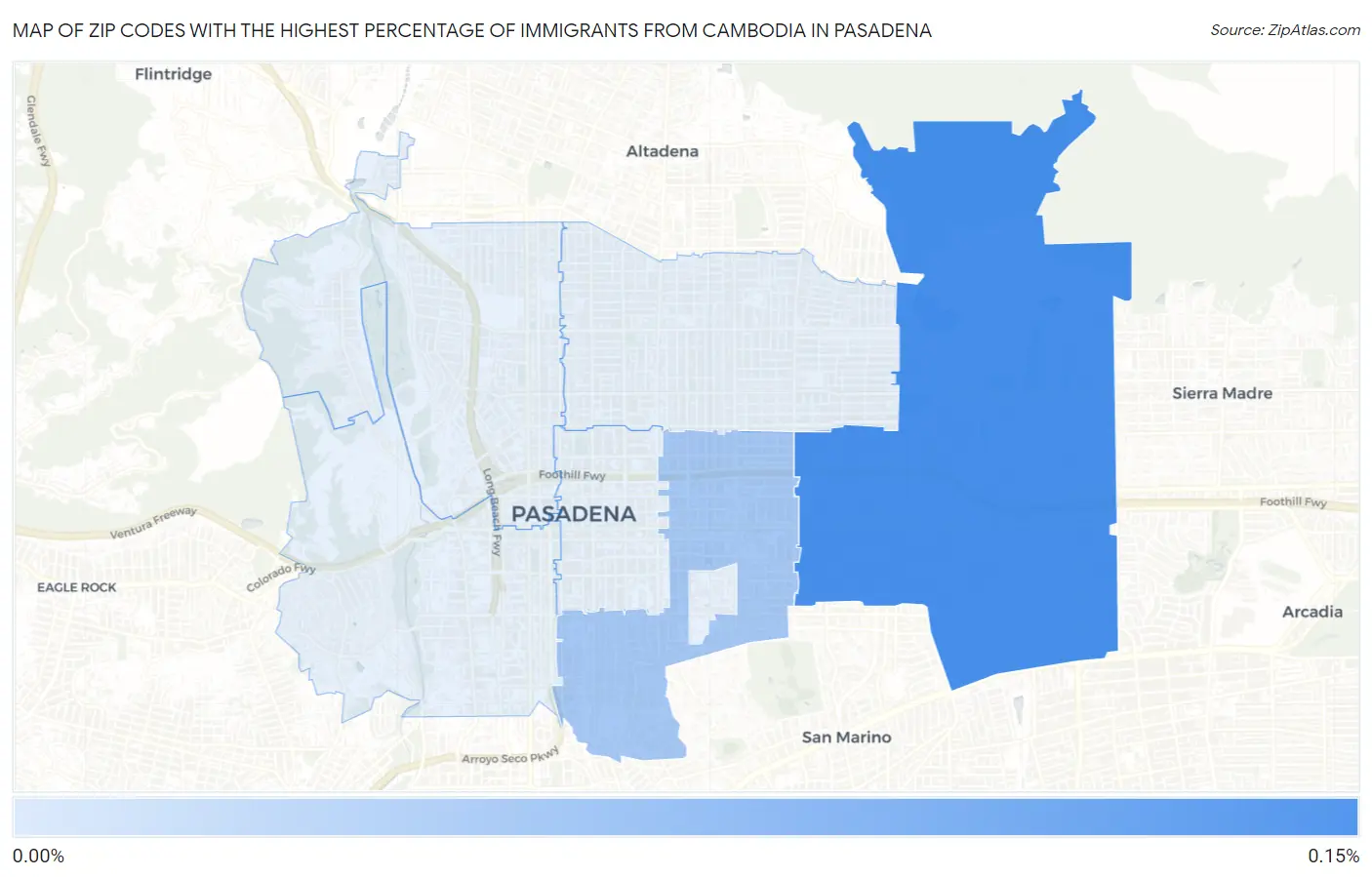 Zip Codes with the Highest Percentage of Immigrants from Cambodia in Pasadena Map