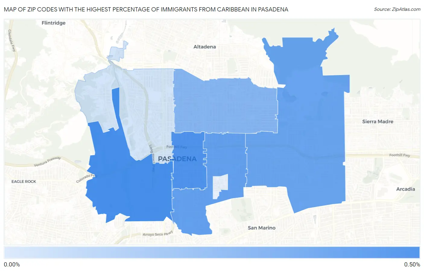 Zip Codes with the Highest Percentage of Immigrants from Caribbean in Pasadena Map