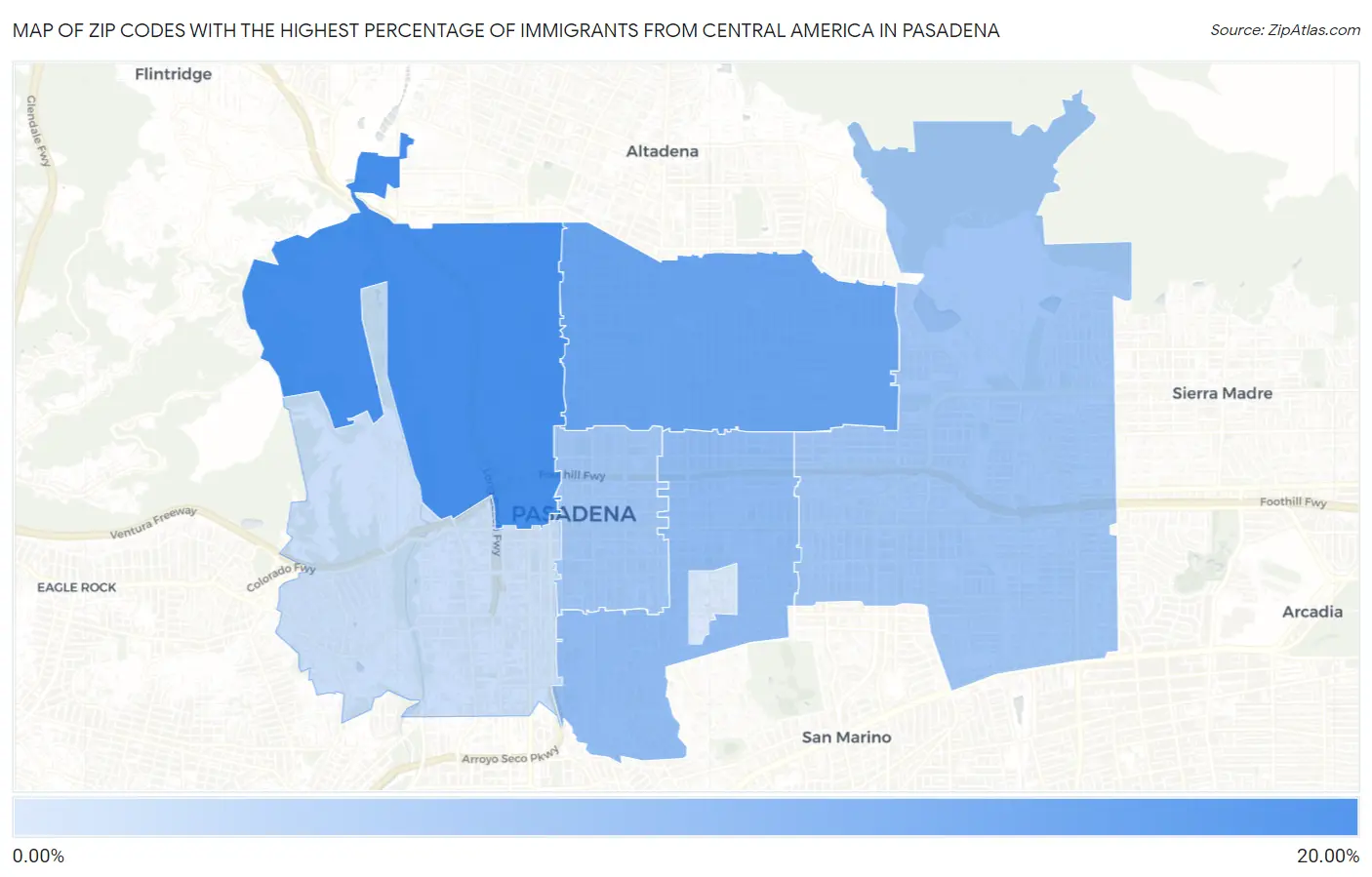 Zip Codes with the Highest Percentage of Immigrants from Central America in Pasadena Map
