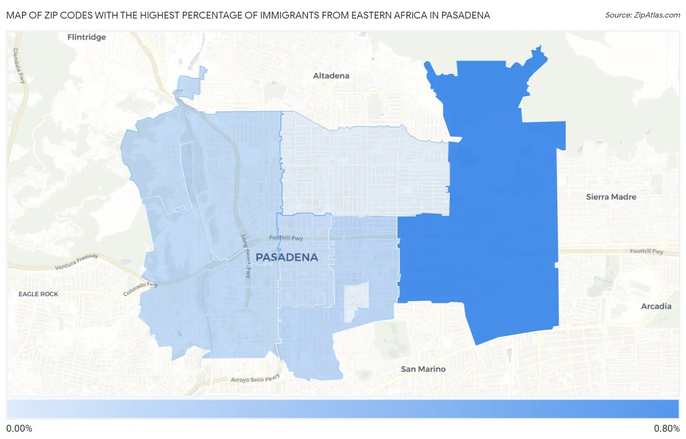 Zip Codes with the Highest Percentage of Immigrants from Eastern Africa in Pasadena Map