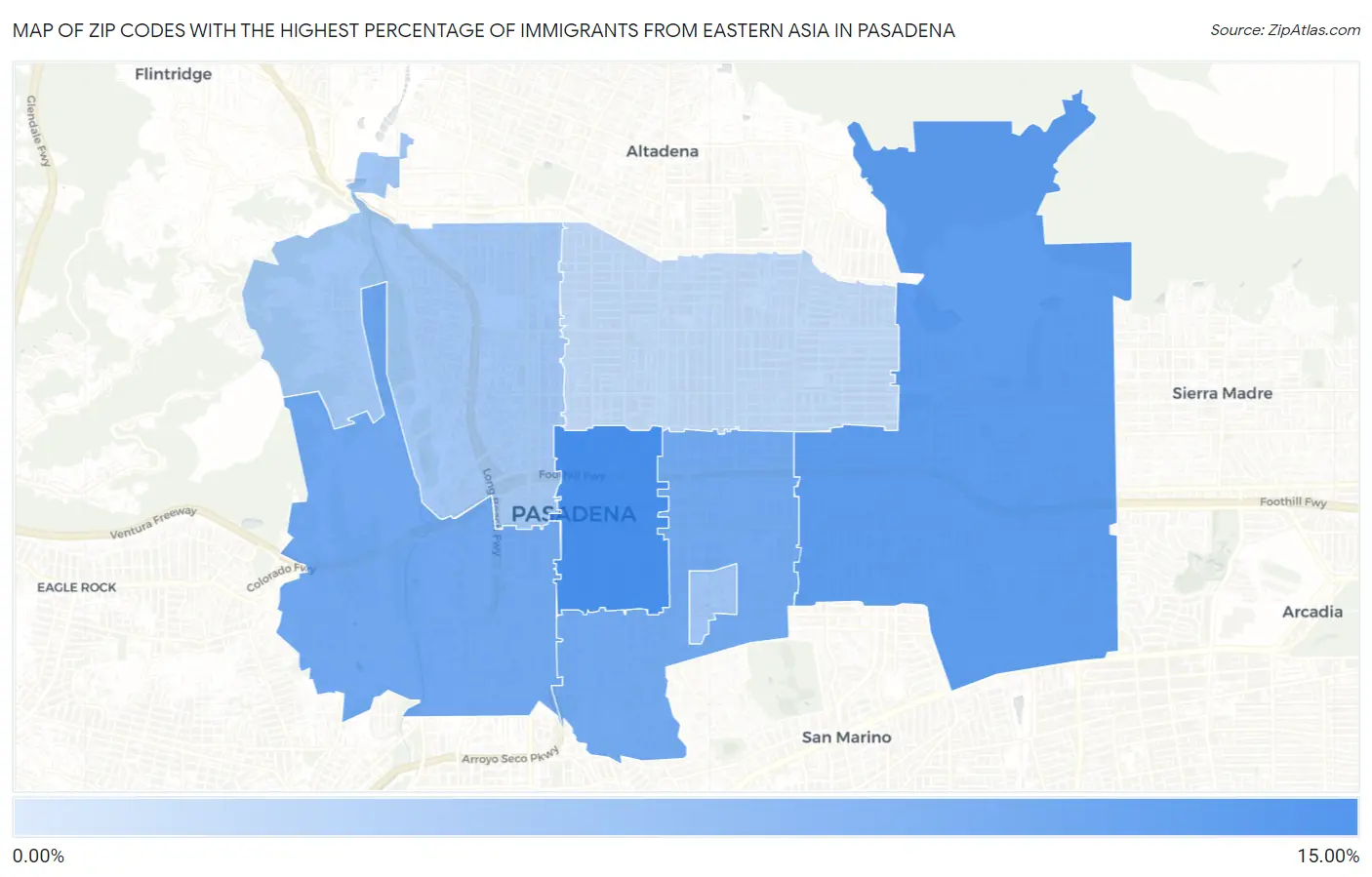 Zip Codes with the Highest Percentage of Immigrants from Eastern Asia in Pasadena Map