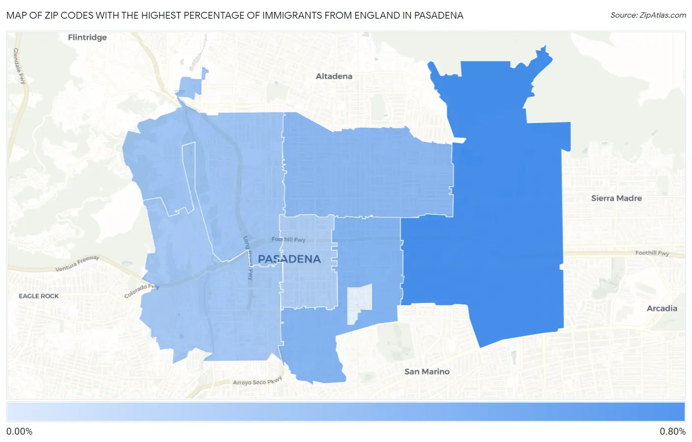 Zip Codes with the Highest Percentage of Immigrants from England in Pasadena Map