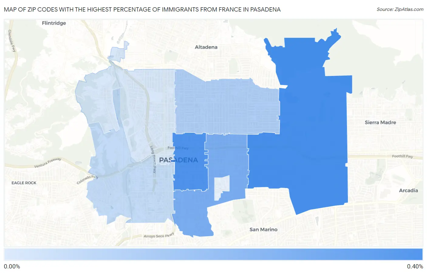 Zip Codes with the Highest Percentage of Immigrants from France in Pasadena Map