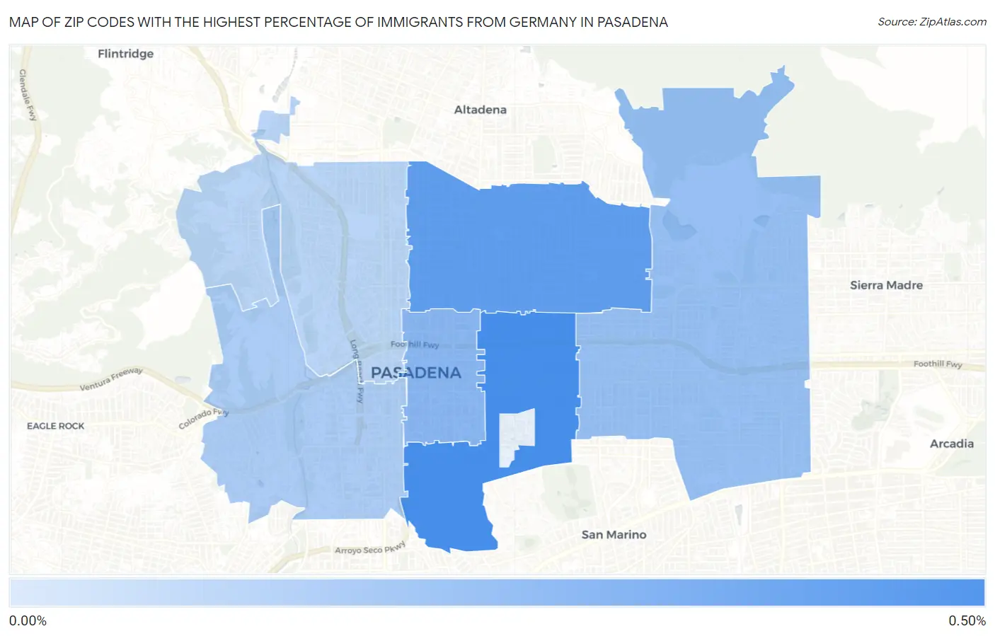 Zip Codes with the Highest Percentage of Immigrants from Germany in Pasadena Map