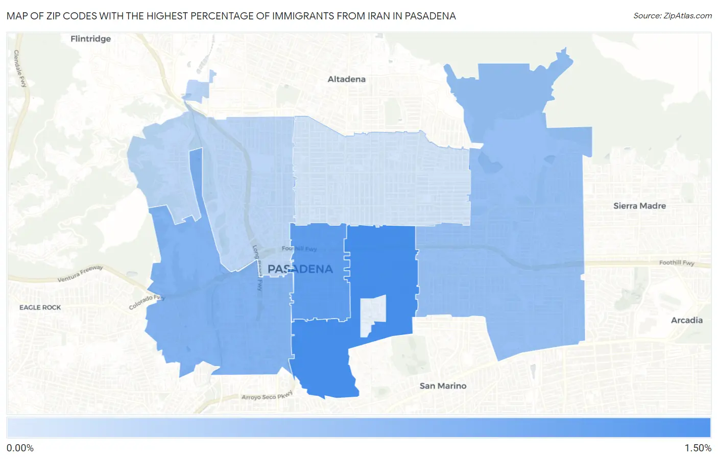 Zip Codes with the Highest Percentage of Immigrants from Iran in Pasadena Map