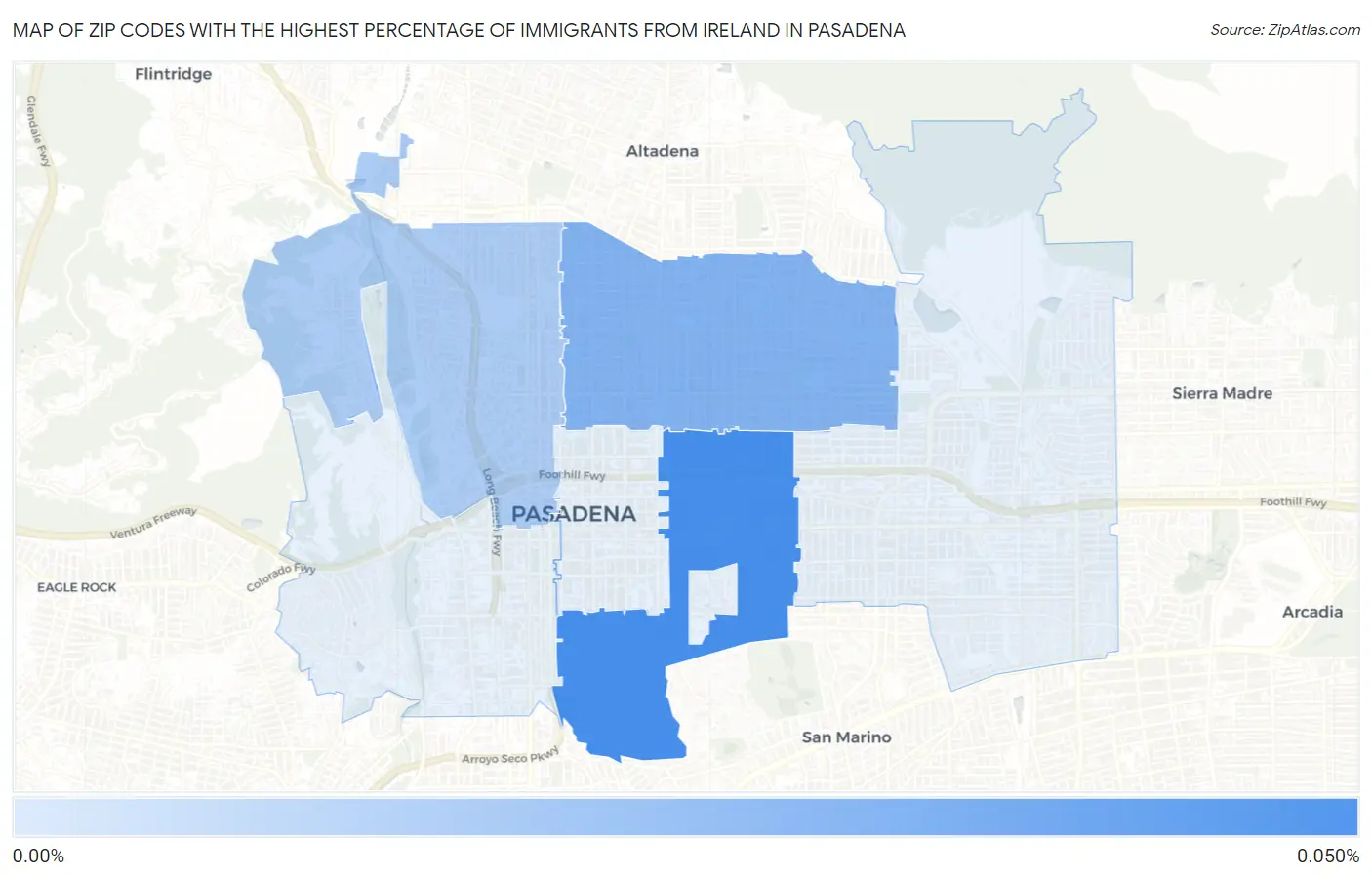 Zip Codes with the Highest Percentage of Immigrants from Ireland in Pasadena Map