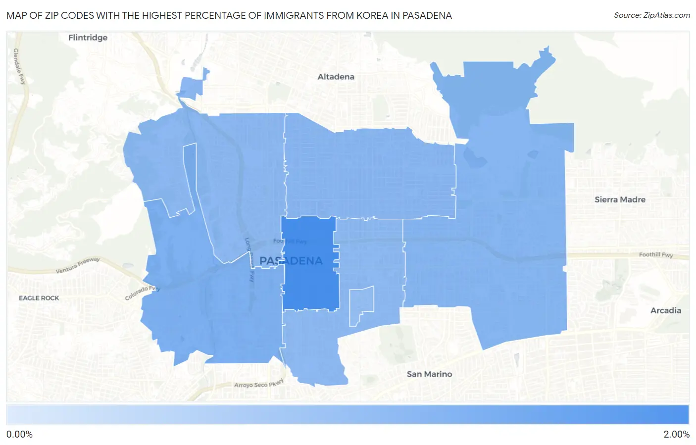 Zip Codes with the Highest Percentage of Immigrants from Korea in Pasadena Map