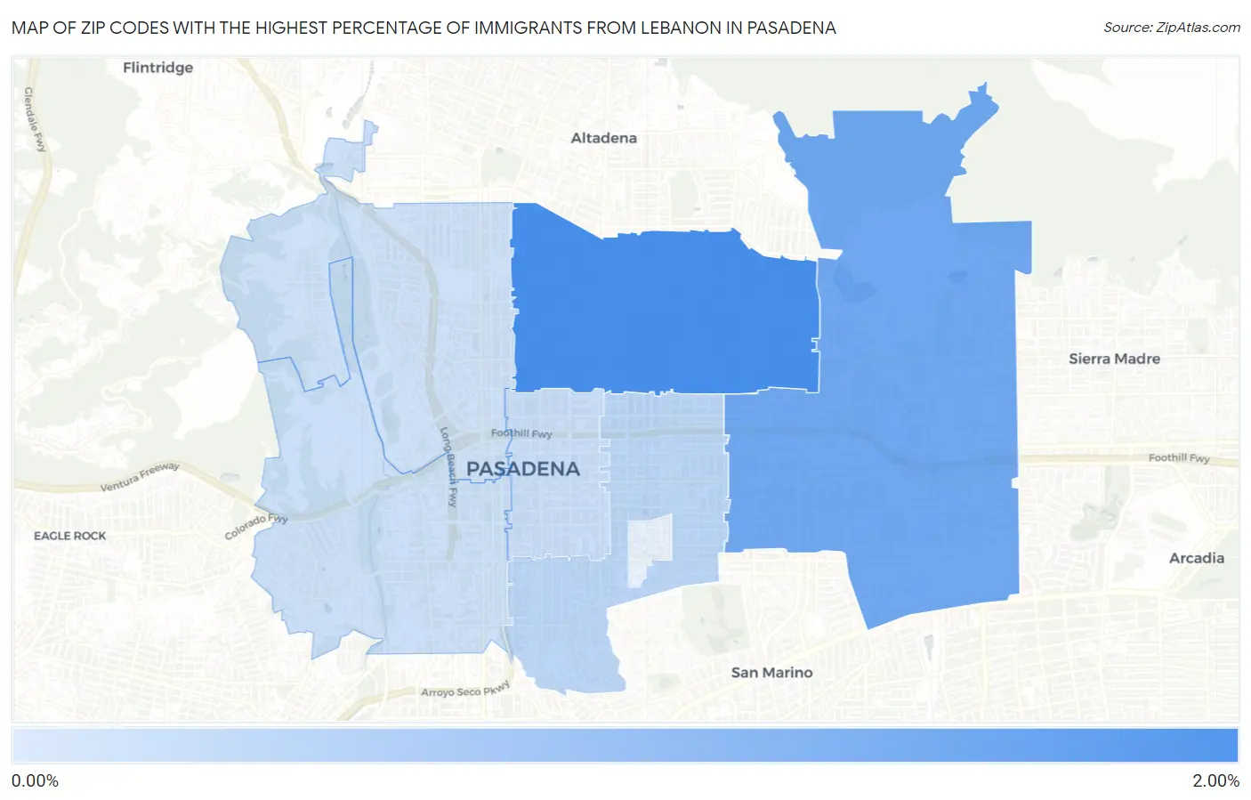 Zip Codes with the Highest Percentage of Immigrants from Lebanon in Pasadena Map