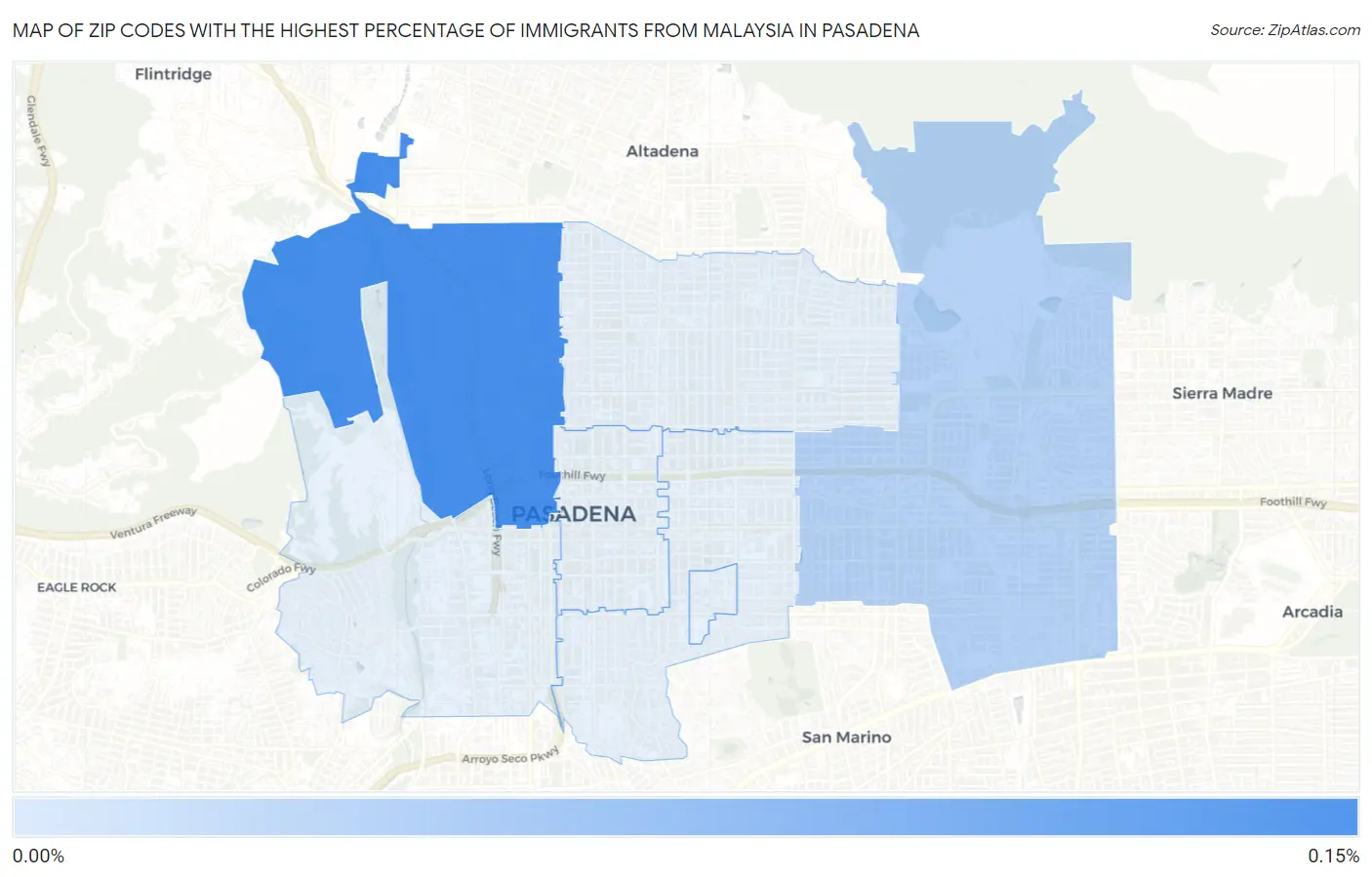Zip Codes with the Highest Percentage of Immigrants from Malaysia in Pasadena Map